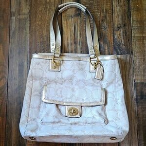 Coach Logo Women's Off White With Metallic Gold‎ Leather Accent Purse. Large